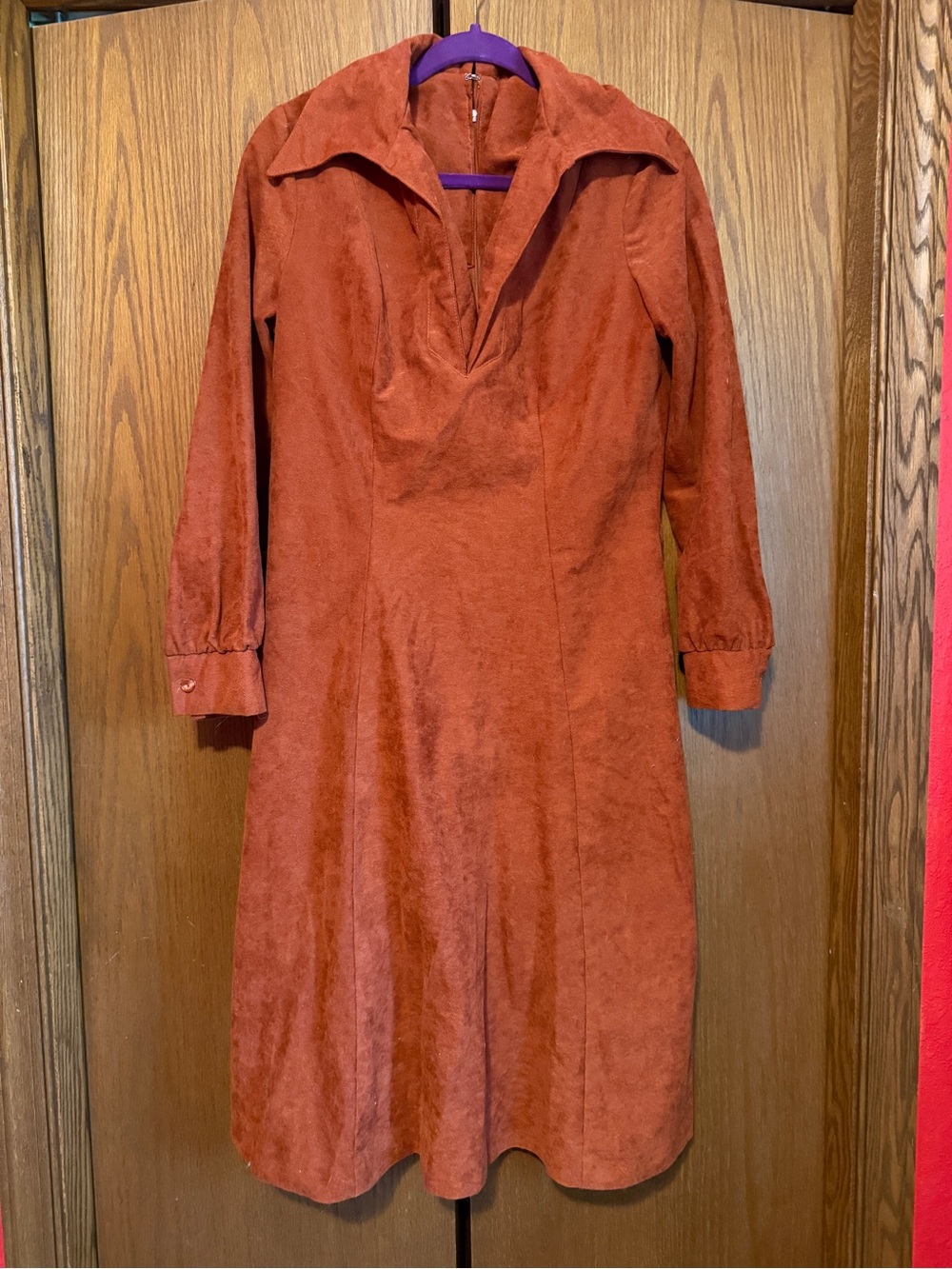 Women's Vintage Rust Suede-Look A-Line Collared Long-Sleeve Dress
